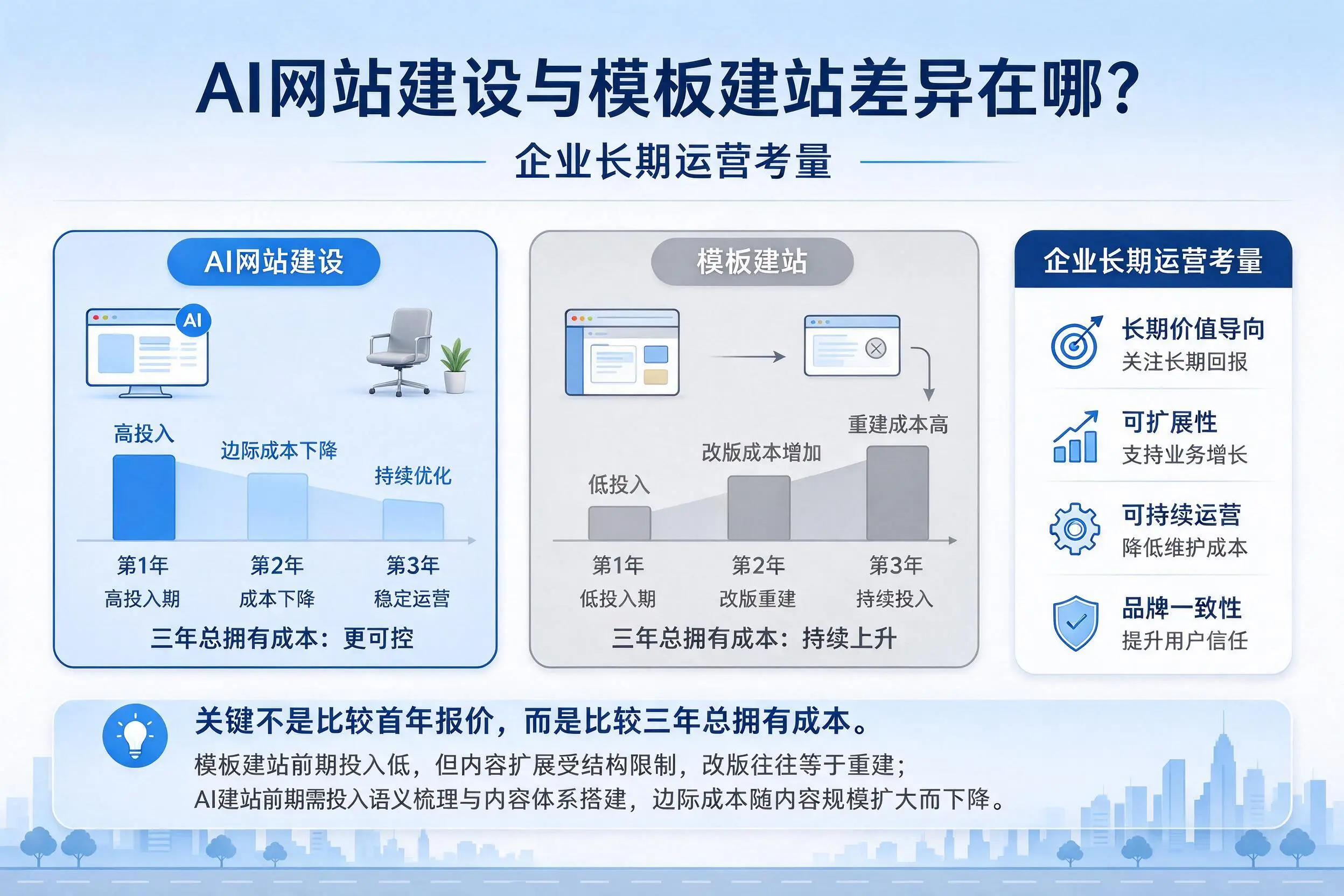 AI网站建设与模板建站差异在哪？钦州企业长期运营考量